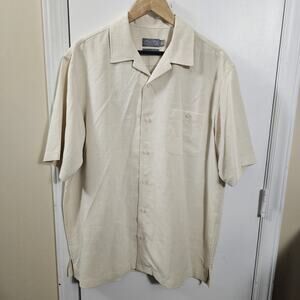 Men's Talbots 100% SILK Short Sleeve Textured Ivory Sz L Vacation Resort Bowler